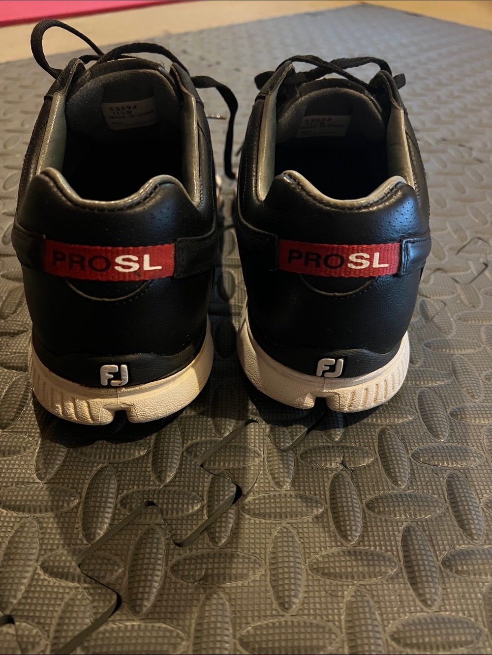 FootJoy Black Men’s Pro SL Golf Shoes (11.5) with White Sole and Red Heel Accent